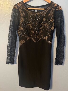 Lipsy Black Lace Appliqué Long Sleeve Sheath Dress